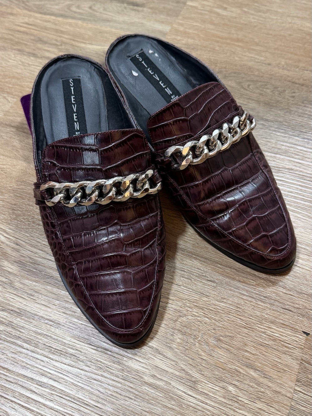 Steven By Steve Madden Croc-Embossed Chain Slip-On Mules - Dark Burgundy